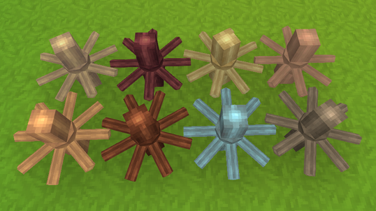 An image displaying 8 different colors of wooden gears that connect with eachother in a grid. There are 2 rows, each of them with 4 gears placed adjacent to eachother. The wood types displayed are Birch, Stormbark, Redwood, Oak, Fir, Fig Blue, Maple, Ash