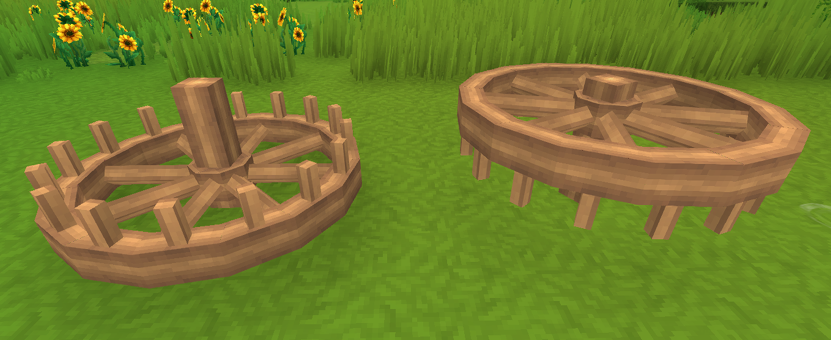 An image displaying Fir gears in a shape where the gear circle is on the borders of the shaft, they have vertical pegs pointing directly to the inside of the gear. One is upside down