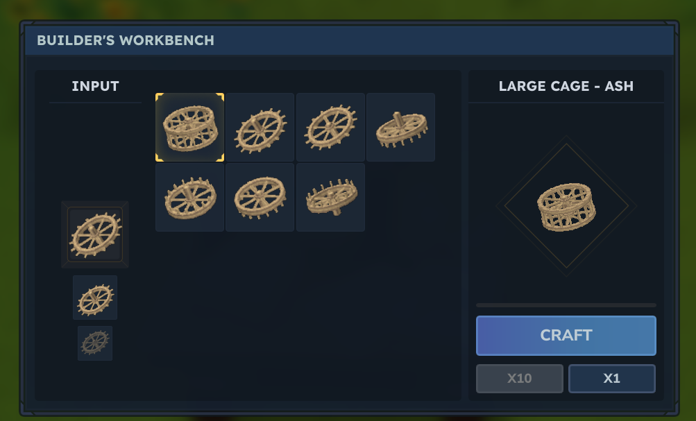 An image displaying the Builder's Bench UI with the Ash Large gear and its different shapes listed.