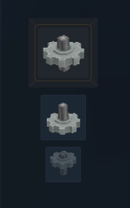 An image displaying three metal cogwheels in the builder's workbench input UI. Center, Bottom and Top metal small cogwheels are visible.