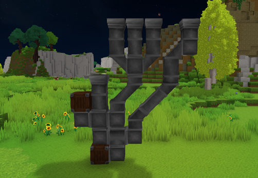 An image displaying a chain of different chutes shapes connecting eachother to move items into a Wooden Crate