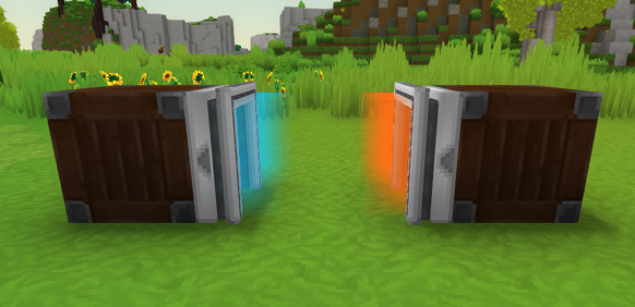 An image displaying magic funnels, on the left side an input with blue VFX is connected to a Wooden Crate, on the right side an output magic funnel with orange VFX is connected to a different Wooden Crate