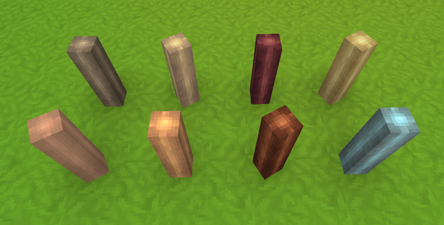 An image displaying 8 different colors of shafts made out of wood. The wood types displayed are Birch, Stormbark, Redwood, Oak, Fir, Fig Blue, Maple, Ash