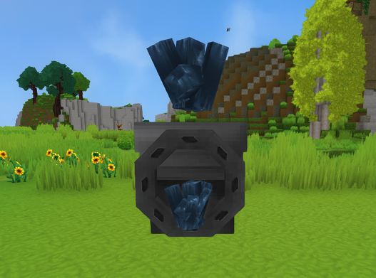 An image displaying a refined projector filtering Cobalt Ore, the image shows how a dropped cobalt ore on top of the Chute is not getting filtered because the Void essence upgrade has been applied.