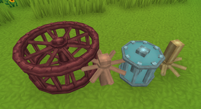 An image displaying four different gear shapes. A Redwood Large cage connects with a Maple Small top gear, connected to a Stormbark small cage, that connects with a Fir small bottom gear.