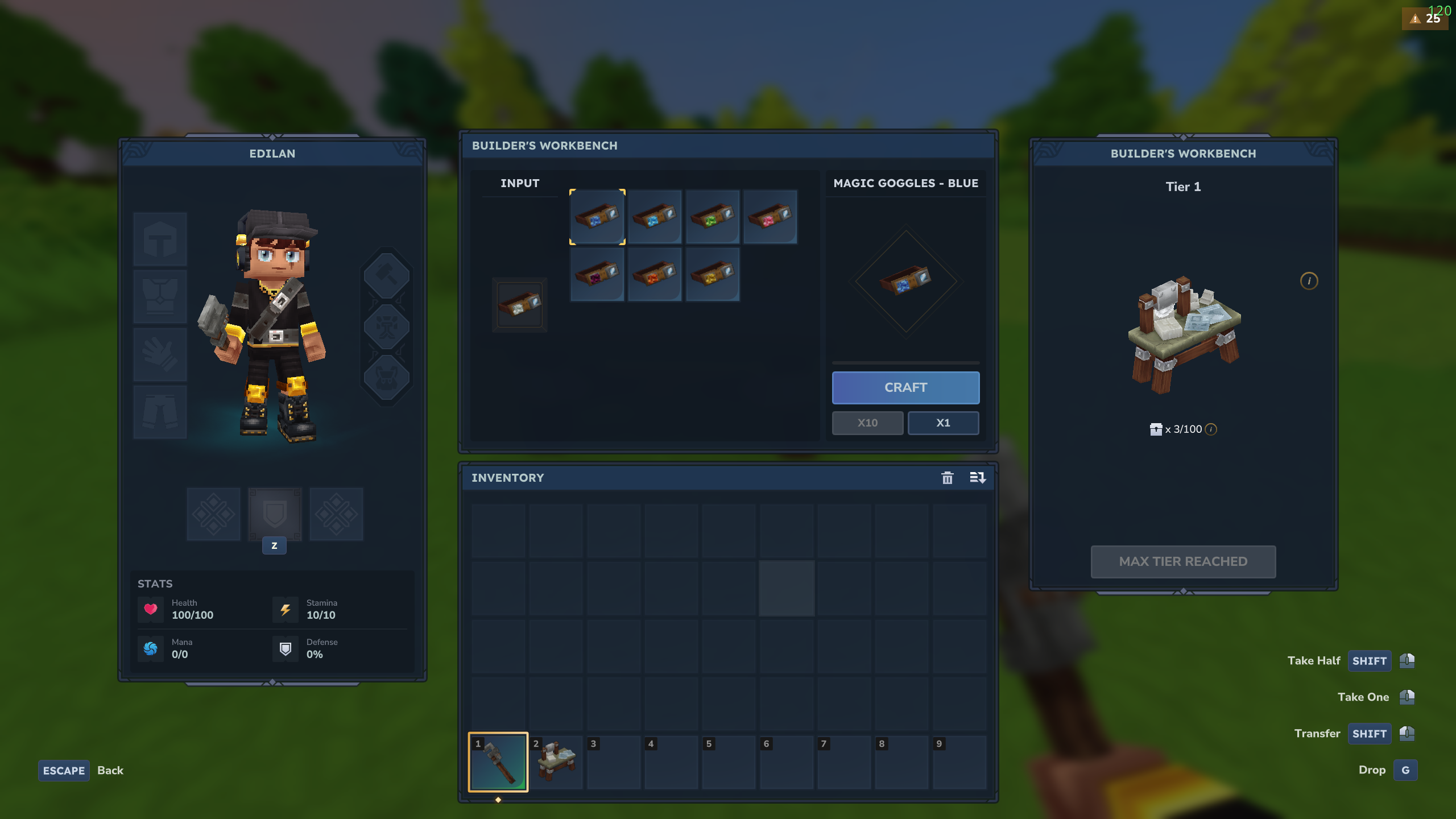 An image displaying the Builder's Bench UI, showing the 8 color variants available for the Magic Goggles.