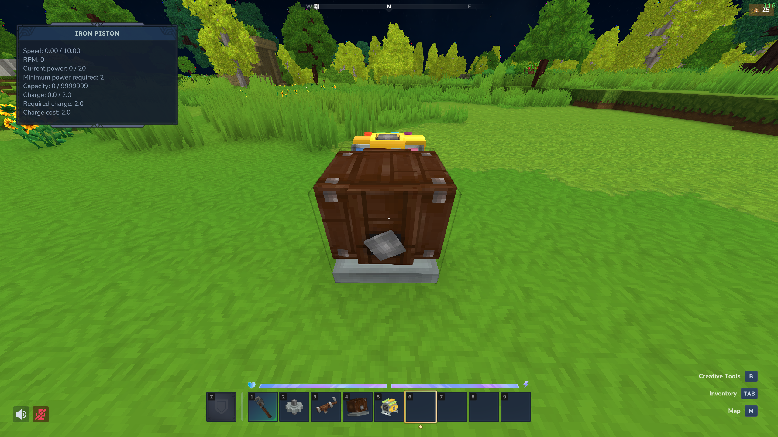 An image displaying an iron piston and a Magic motor connected to it. A UI is displayed on the top left corner of the screen showing the values: Speed 0, RPM 0, Current power 0/20, Capacity 0/999999.