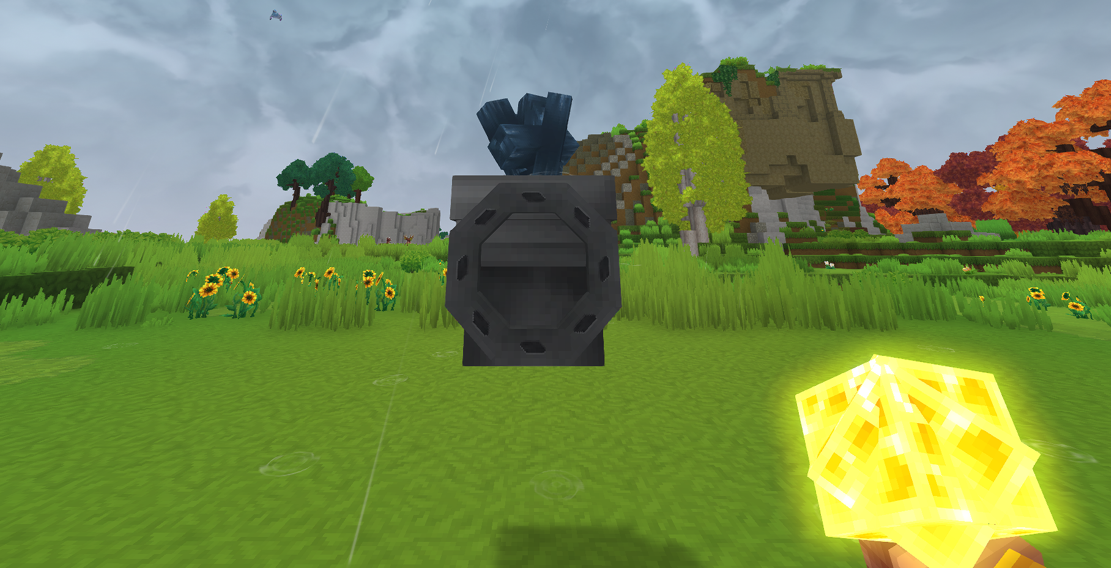 An image displaying a refined projector without a visible filtered item with a cobalt ore on top of it, showing that the cobalt ore is being blocked but the display item is hidden. On the bottom right a Lightning essence can be seen on the bottom right of the image showing the player that it was used to create that escenario.