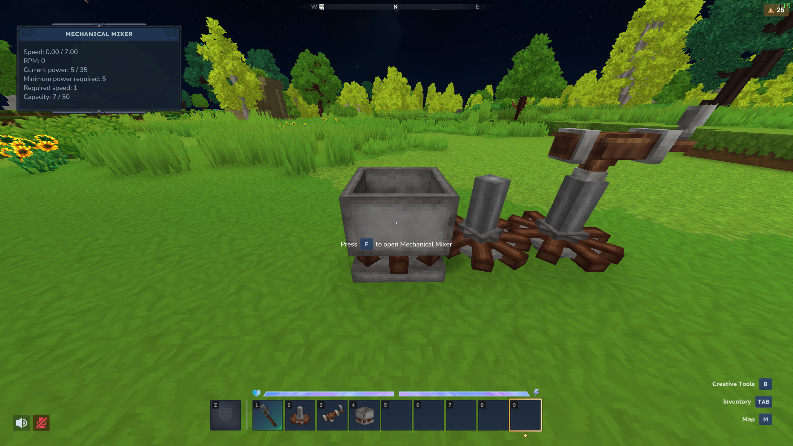 An image displaying an Mechanical mixer connected to a little network. A UI is displayed on the top left corner of the screen showing the values: Speed 0, RPM 0, Current power 5/35, Required speed: 1, Capacity 7/50.