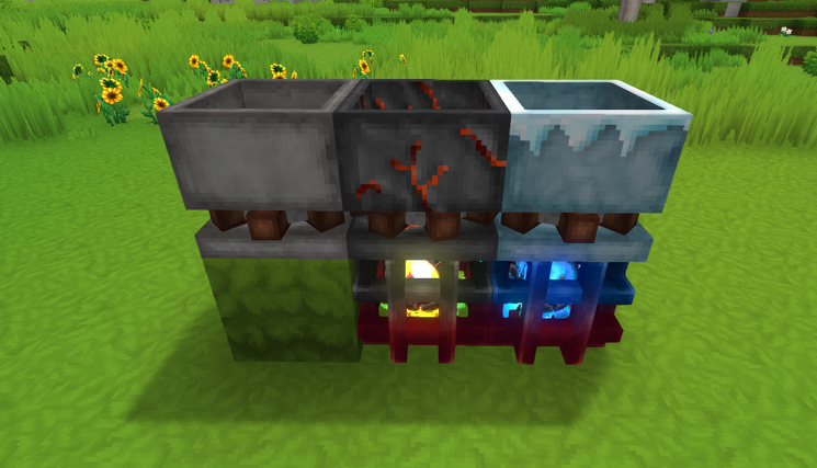 An image displaying three stone bowls with a refined bottom gear attached to it. The left bowl is stone looking. The middle one looks burnt with fire/magma trails on top of a red and black cage that holds a Living Spark inside. The right one looks frozen, in a blue tone standing on top of a red and blue cage that holds a Frozen Living Spark inside.