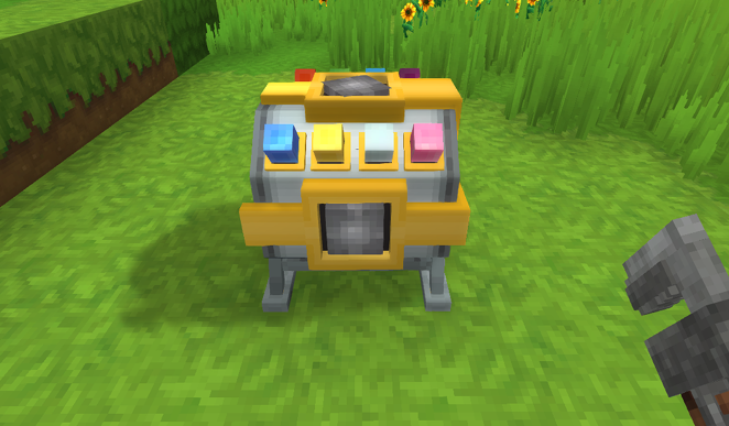 An image displaying the visuals of the Magic Motor, a metal looking motor with golden bandages and colored crystals on the sides.
